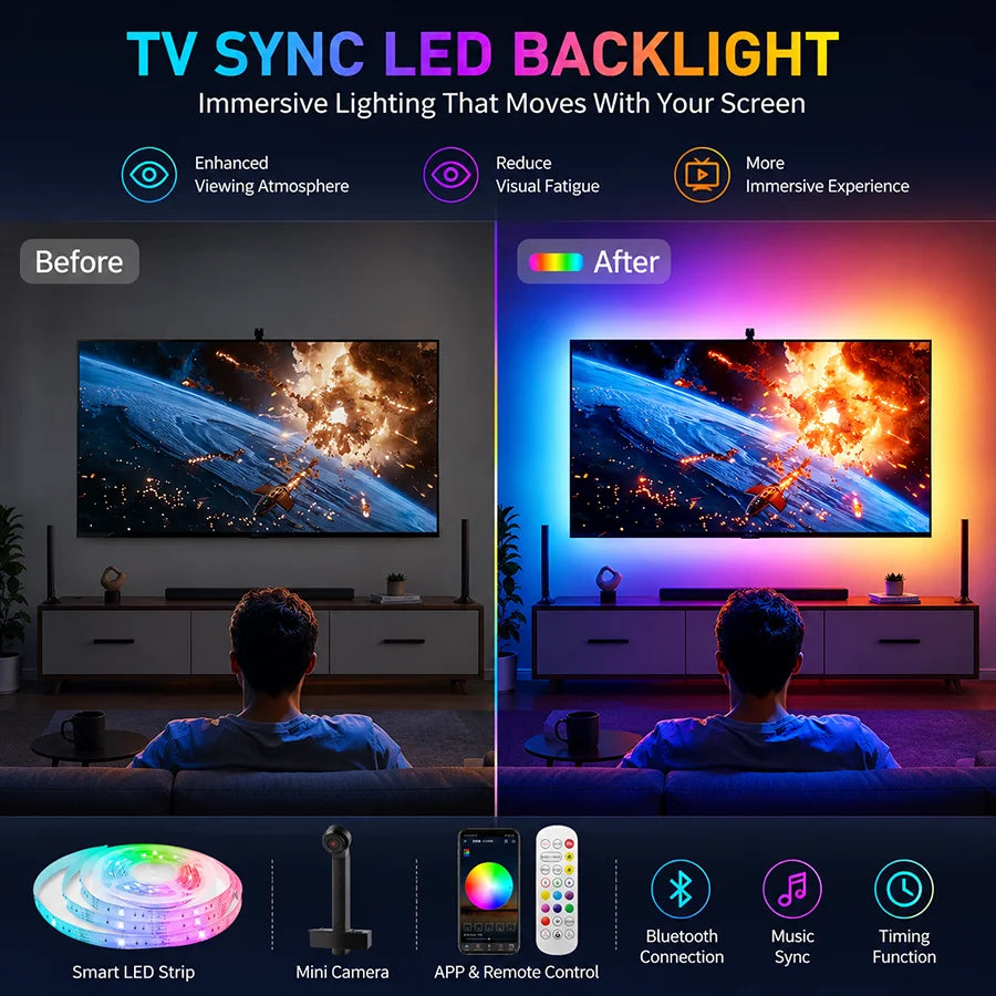 TV Sync LED Backlight with Mnini Camera, RGBIC Strip Light, Bluetooth APP & Remote Control, Music Sync, 3.8M/5M USB Lamp Tape