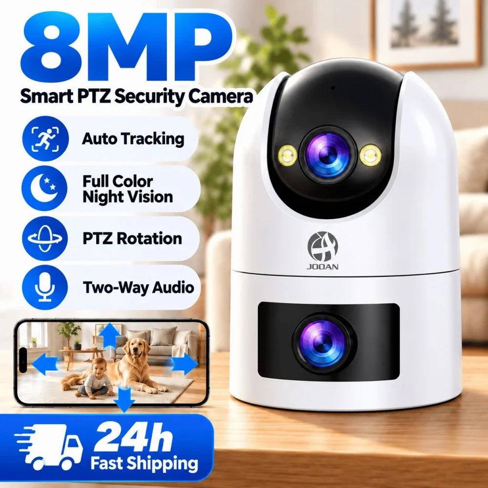 Jooan 4K 8MP Dual Lens Dual Screen IP Camera Wifi Outdoor PTZ Cameras Auto Tracking CCTV Camera Audio Video Indoor Surveillance