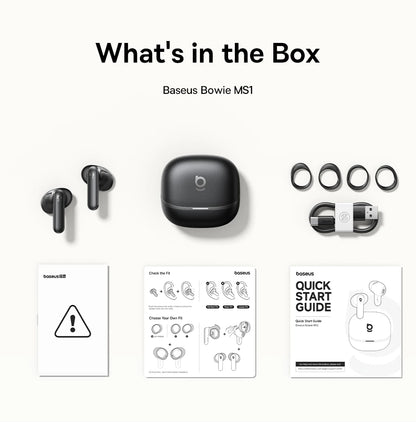 Baseus Bowie MS1 -55dB Adaptive ANC Earbuds Semi-In-Ear Wireless Bluetooth 6.0 Earphones Stable Fit Ear Hi-Res Audio Headphone