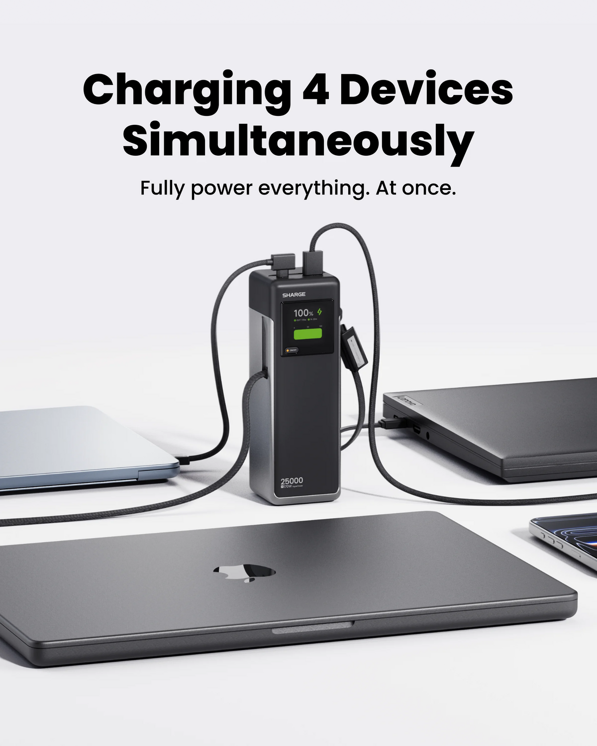 SHARGE 170W Laptop Power Bank 25000mAh Dual Built-in USB-C Cable Fast Charging Battery Pack for iPhone 17/16 Pro Max MacBook