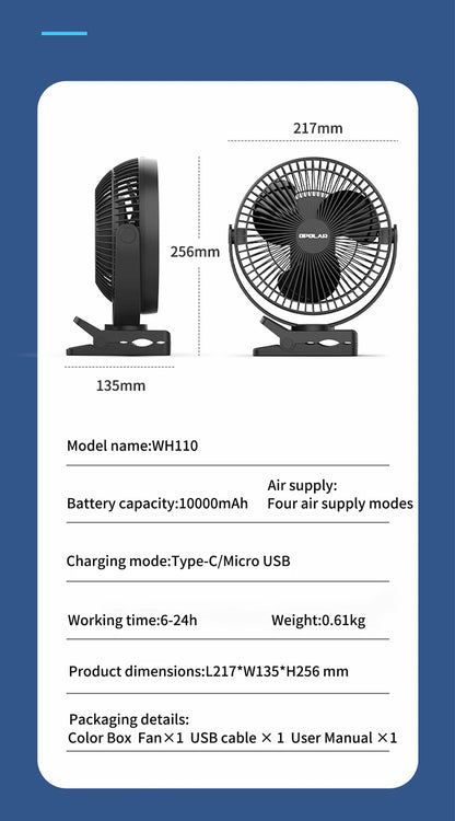 OPOLAR Rechargeable 8inch Clip Fan Strong Silent Wind Mini USB Fan Sturdy Clamp for Baby Stroller Camping Home Outdoor 10,000mAh