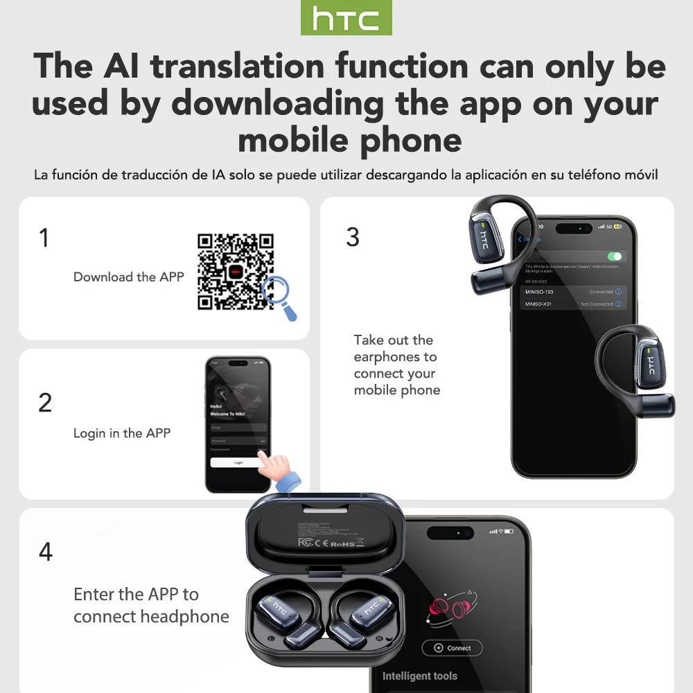 HTC NE25 Bluetooth Earphones AI Translator Earbuds Noise Lightweight Earbuds LCD Touch Screen Wireless Headphones 60h Long Life