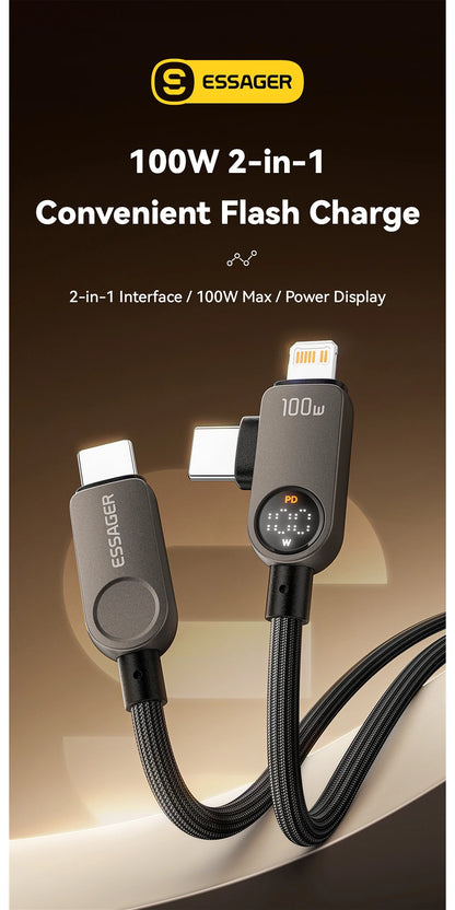 Essager 2-in-1 USB Type C to Lightning Cable 100W PD Fast Charging Wire for iPhone 17/16/15/14 MacBook iPad Xiaomi - Type C to L