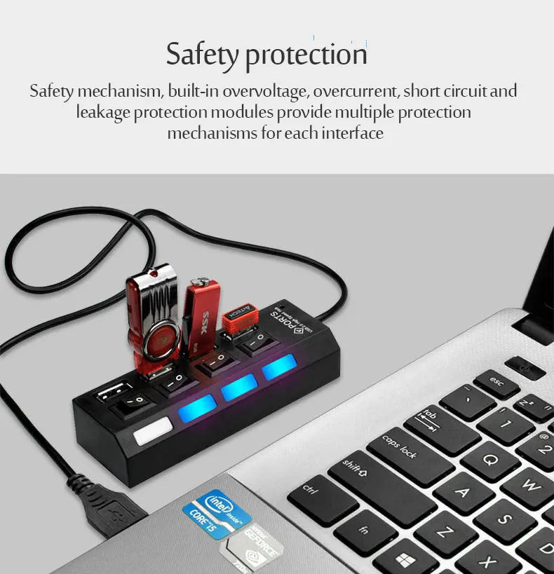 4/7 in 1 Multi USB Splitter Hub USB Hub 2.0 Use Power Adapter USB 2.0 Multiple Expander Switch Hub Docking Stations 30CM Cable