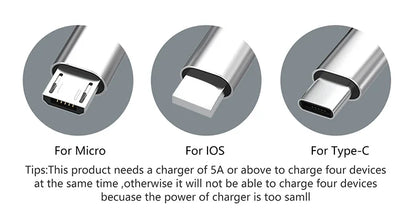 Multi USB Charging Cable (3A) USB Cable 4 in 1 Fast Charging Cord Adapter for iphone Android Phones Tablets and More
