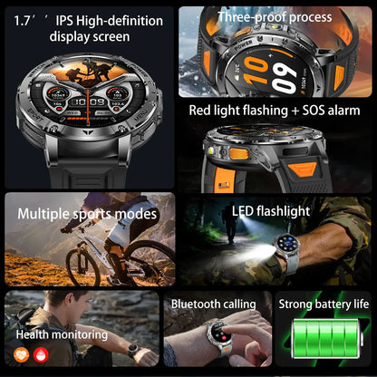 Ultra Large 1400mAh Battery Sport Smartwatch 1.7” Heart Rate Tactical Strong Flashlight 5ATM Waterproof Call Smart Watch For Men