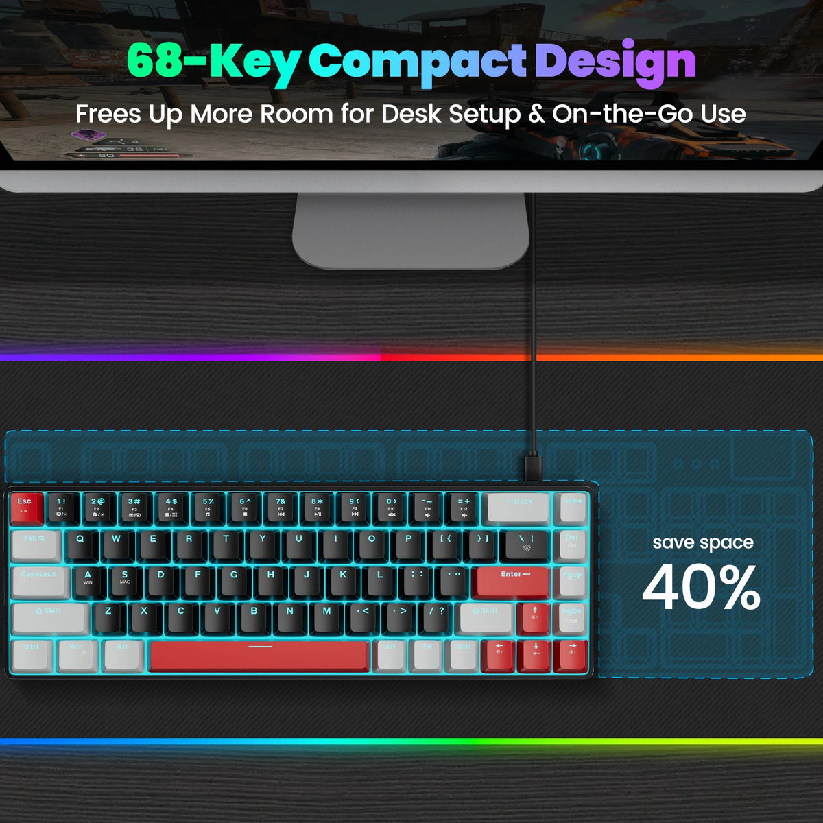 FocusOnPC MK-BOX Portable 60% Mechanical Gaming Keyboard, 68 Keys Compact Wired Keyboard with LED Backlight for Gaming & Office, Compatible with PC, Laptop & Mac, Free Random Mouse Pad Included