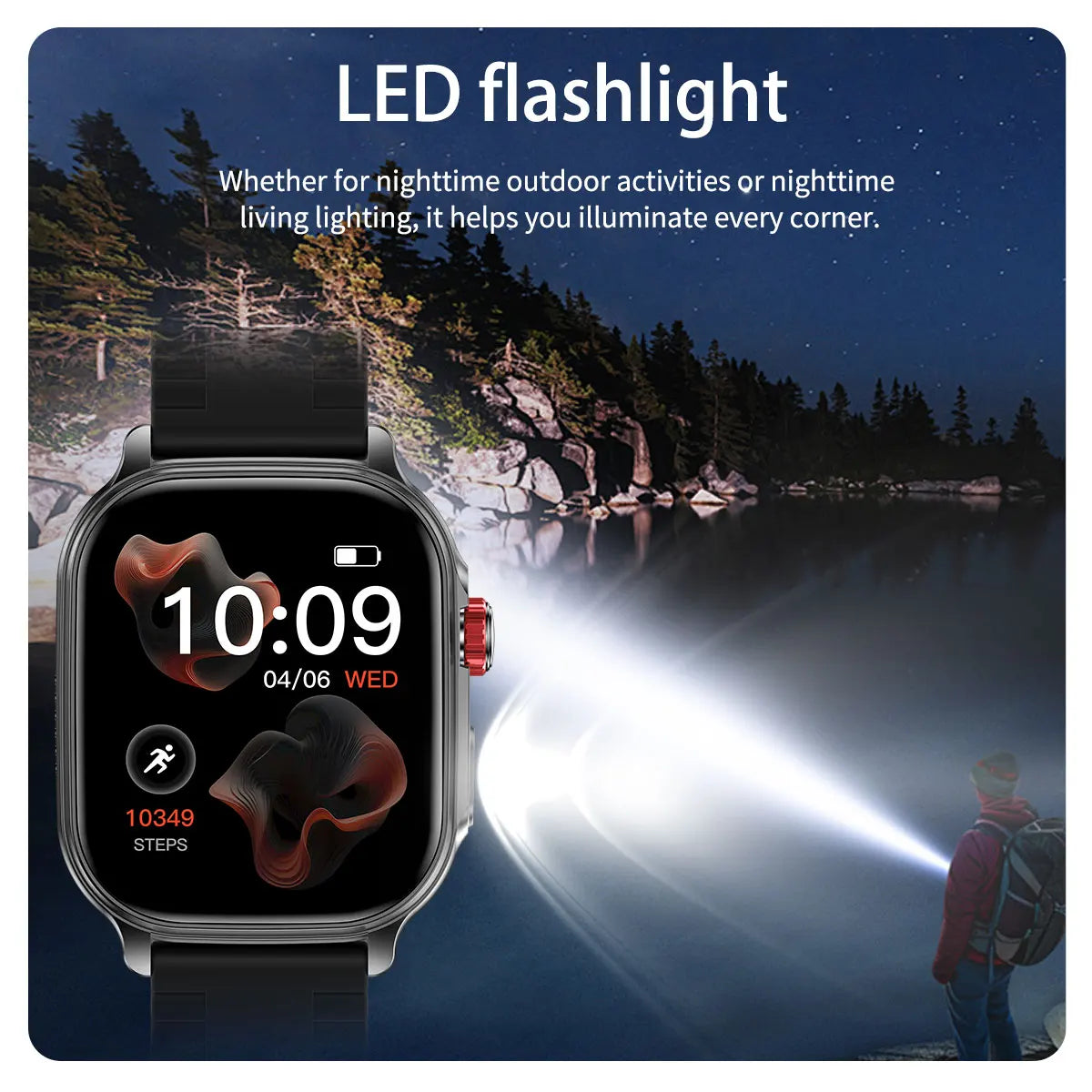 New1400mAh Large Battery Smart Watch 5ATM Waterproof LED Flashlight 100+ Sports Modes Heart Rate Fitness Tracker Men Smart Watch
