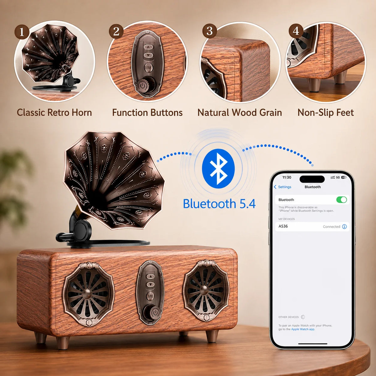 Retro Bluetooth Speaker,FM Radio Vintage Speaker Bass with USB TF AUX Player | Old Fashion Classic Style for Home, Office, Gift