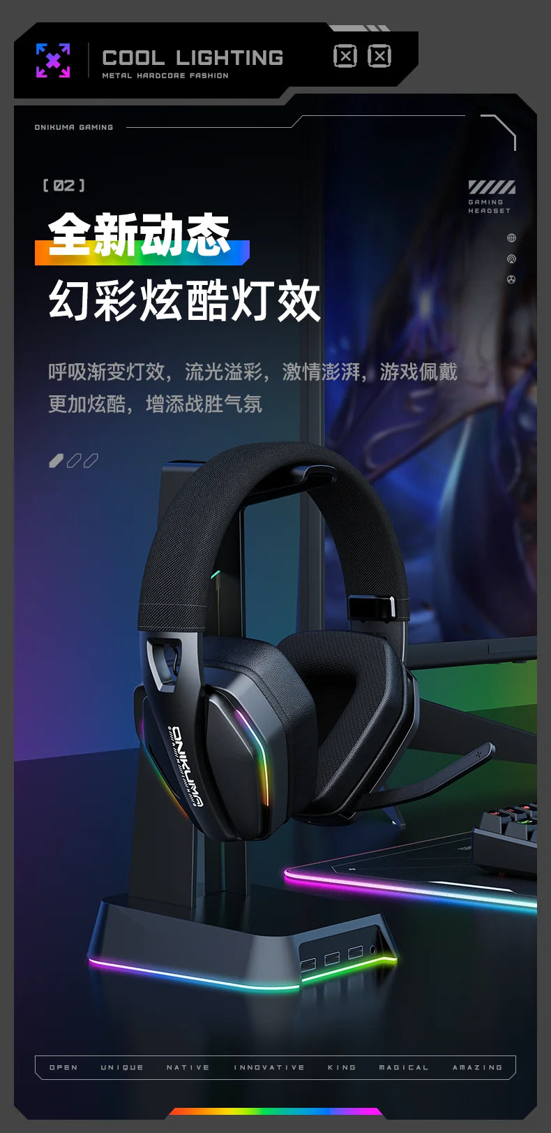 ONIKUMA GT826 Wireless Headset Gaming Headphone Tri Mode Connection Bluetooth USB C 2.4G Low Latency RGB Stereo Sound For PS5 PC