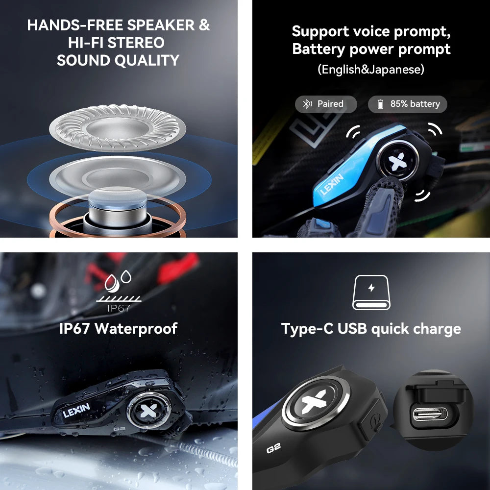 Lexin G2P Motorcycle Blutooth Intercom Helmet Bluetooth Headsets,Handsfree Communicator Up to 6 Riders Interphone with FM Radio