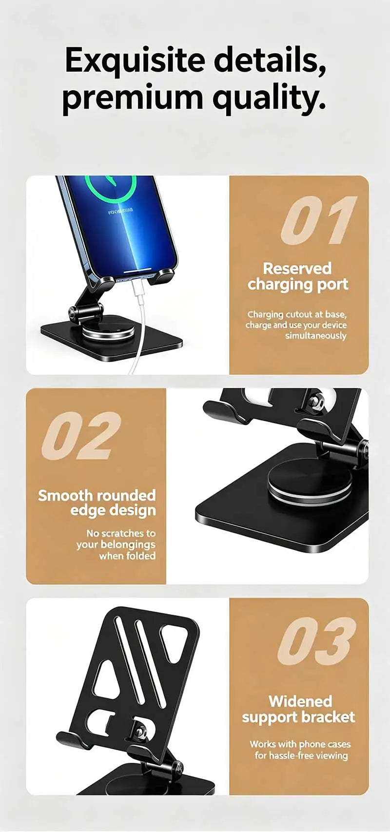 Mobile Phone Stand - Metal Desk Stand - 360° Rotating and Folding Desktop Stand for Easy Storage of Mobile Phones and Tablets
