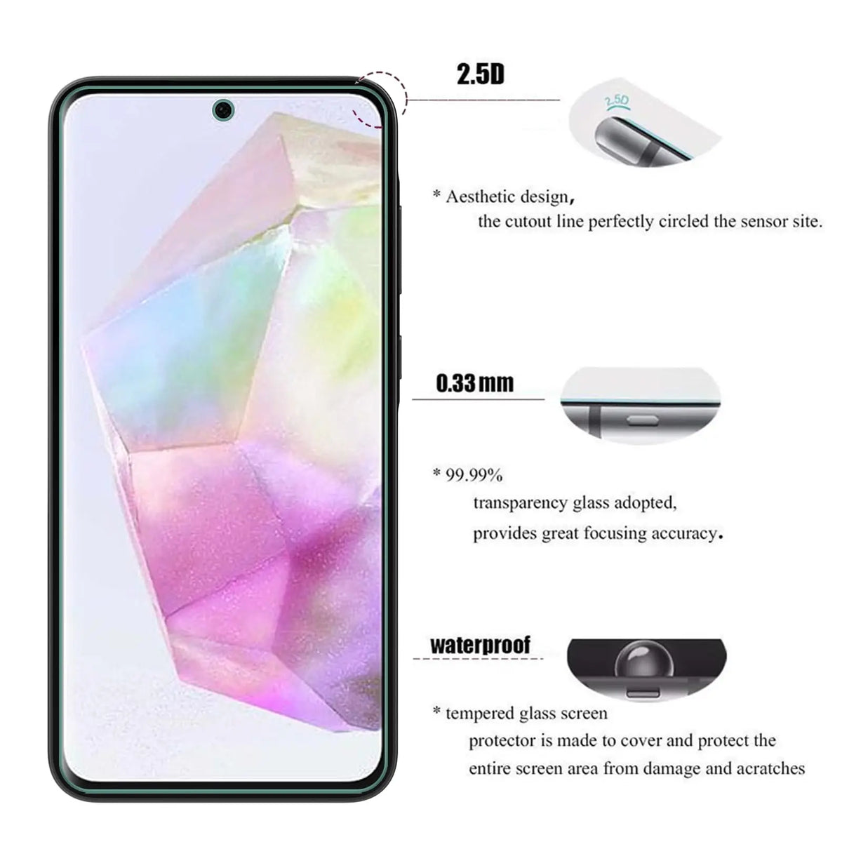 For Galaxy A35 Screen Protector Samsung 4G 5G, Tempered Glass HD 9H High Aluminum Transparent Clear Anti Scratch Case Friendly