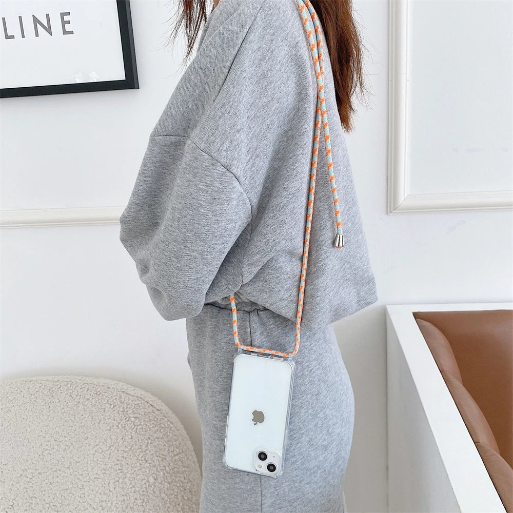 Crossbody Necklace Cord Lanyard Transparent Phone Case For iPhone 16 15 13 Pro Max 12 11 7 8 Plus X XR XS Strap Hang Rope Cover