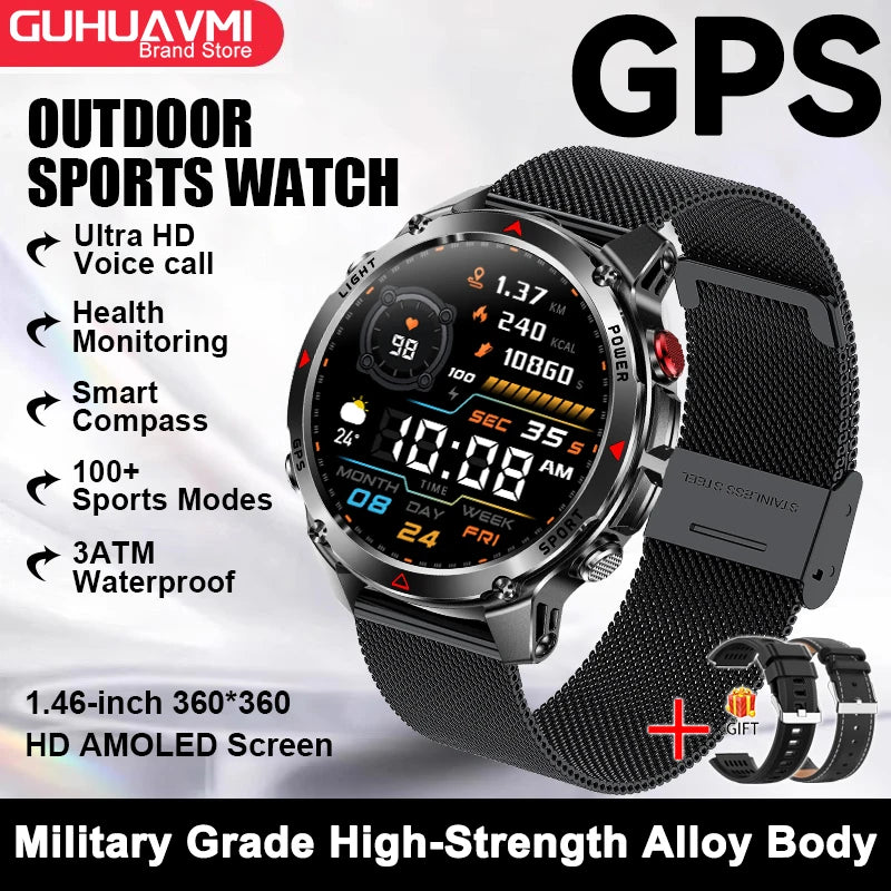 2026 New GPS Map Navigation Smart Watch Men Women Amoled Screen 3ATM Waterproof Sport SmartWatch Compass NFC BT Call Watches Men