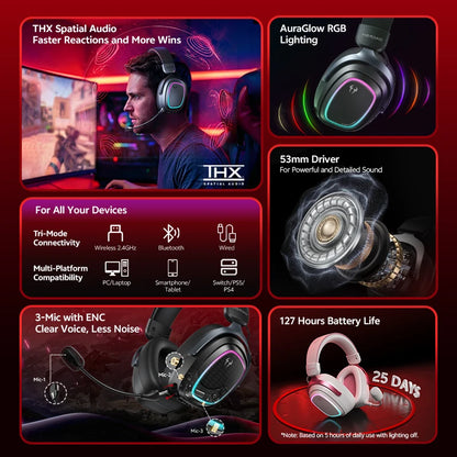 QCY Gaming Headset Heroad GT2 THX Spatial Audio+ 7.1.4 Tri-mode RGB 3-Mic ENC Over Ear Headphone for PC/PS4/PS5 Headset Gamer