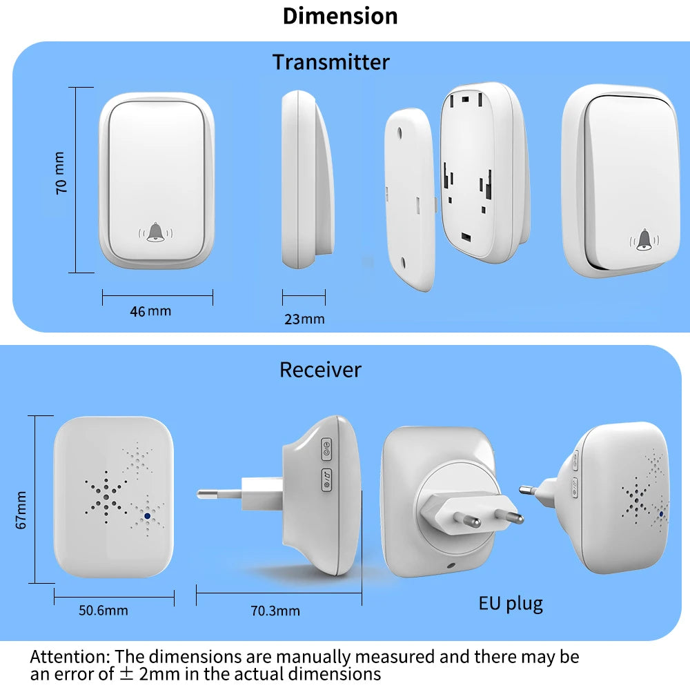 SIXWGH No Battery Self Powered Wireless Doorbell EU Plug Long Range Home Door Bell 38 Tunes 4 Volume Control