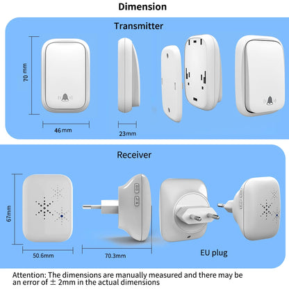 SIXWGH No Battery Self Powered Wireless Doorbell EU Plug Long Range Home Door Bell 38 Tunes 4 Volume Control