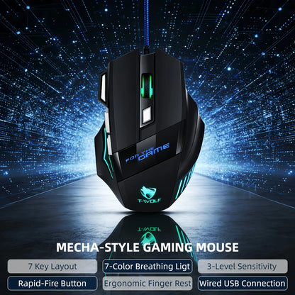 T-WOLF Wired Gaming Mouse 7 Buttons RGB Backlit Mouse Fire Button 2400 DPI Adjustable Ergonomic Optical Mouse for PC Laptop Gamer Professional