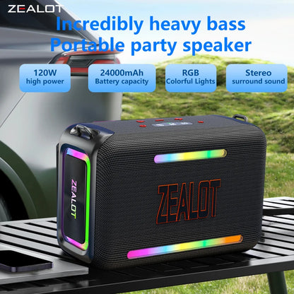 ZEALOT S95 120W Portable Bluetooth Speaker High Volume Waterproof 24000mAh Wireless TWS Subwoofer Suporrt USB/TF/AUX RGB Light.