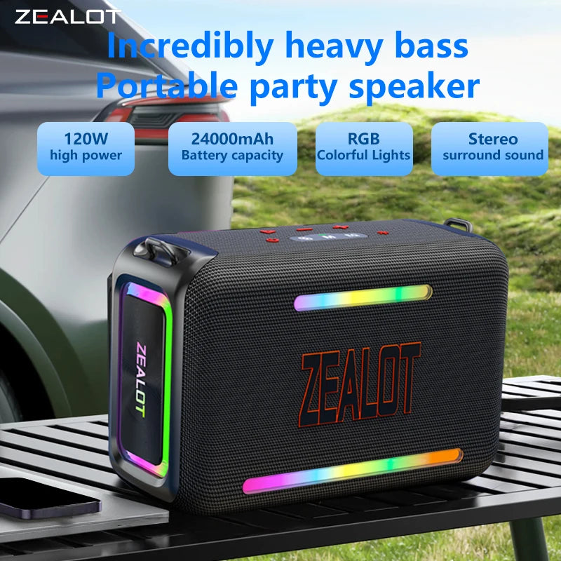ZEALOT S95 120W Portable Bluetooth Speaker High Volume Waterproof 24000mAh Wireless TWS Subwoofer Suporrt USB/TF/AUX RGB Light.