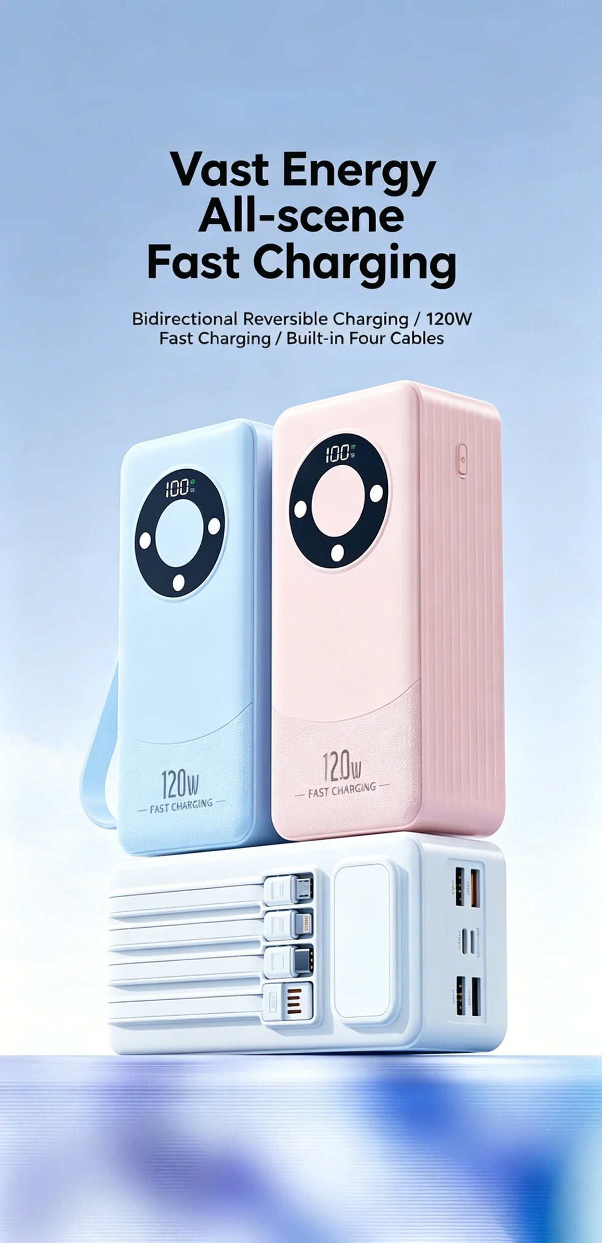 Oloey 2026 100000mAh Power Bank, 120W Super Fast Charging, Large Capacity, Built-in 4 Cables, Portable External Battery Charger