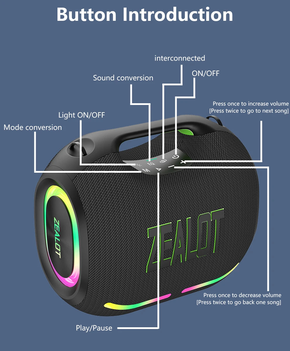 ZEALOT-ZE01 Wireless Bluetooth Speaker 120W TWS Subwoofer Bluetooth Speaker High Volume Waterproof Portable Power Bank HIFI Sound Quality Good-Looking Blue Speaker Long Battery Life