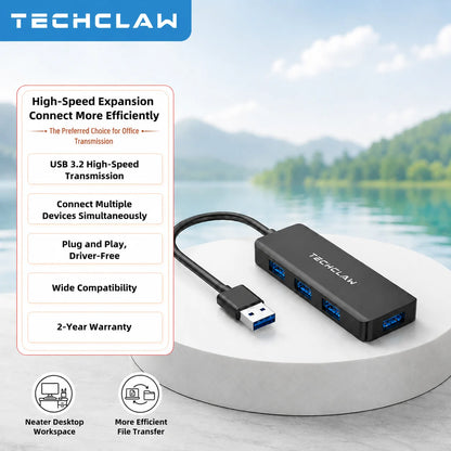 TECHCLAW USB 3.2 Hub 4 Ports USB-A Splitter 5Gbps High Speed USB Hub Adapter Portable Multi USB Expander for Laptop PC Computer