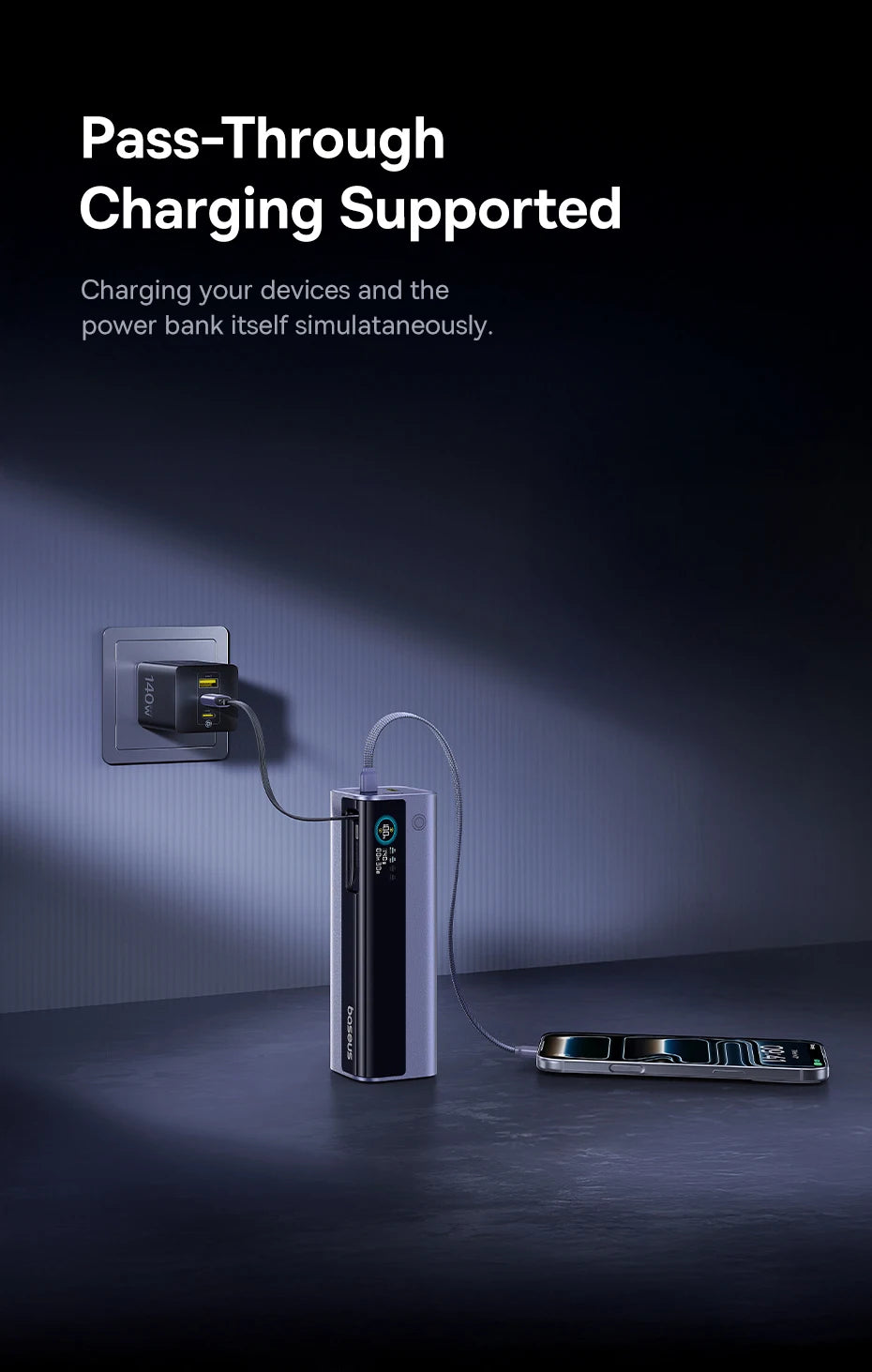Baseus 200W 25000mAh Power Bank Dual Retractable USB-C Cables 4-Device Fast Charge Portable External Battery Charger For Laptop