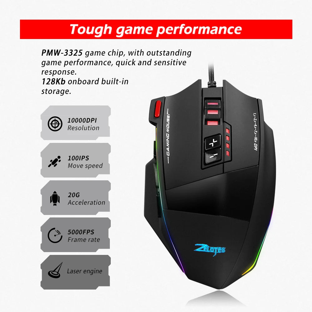 ZELOTES C13 Wired Mouse 10000DPI Programmable Gaming Mouse 13 Buttons RGB Light Laser Mouse for Gamer Computer PC Laptop