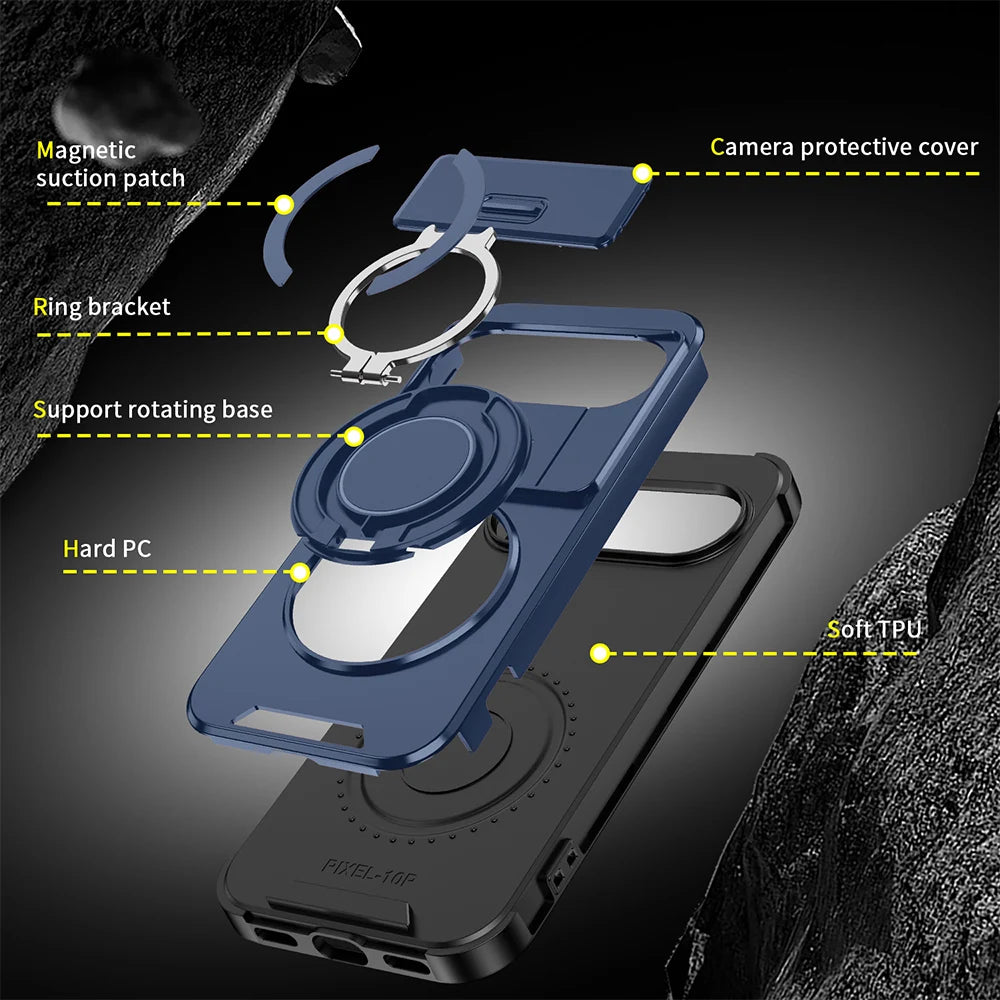 Heavy Duty Rugged Phone Case for Google Pixel 10 9  Pro XL 7 8 9 10 Pro 8A 9A Cases with Sliding Lens Cover Ring Kickstand Funda