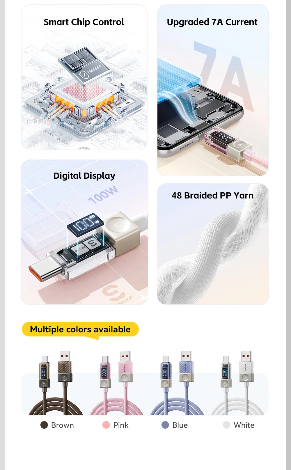 Essager 240W USB C Cable for iPhone 18 17 16 Plus Pro Max Macbook iPad Supercharge Fast Charger Type C Cable for Xiaomi Samsung