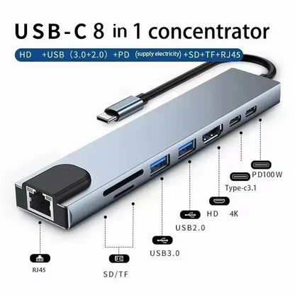 8 in 1 USB C HUB 3.0 Type C Splitter 4K Docking Station Laptop Adapter PD SD TF For Macbook Air M1 iPad Pro RJ45 HDMI-Compatible