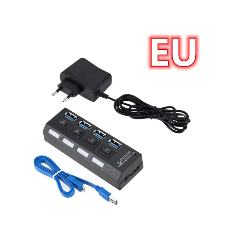 GRWIBEOU High Speed USB HUB 3.0 5Gbps USB 3.0 4 Ports HUB Newest Compact Lightweight Portable Adapter Hub with Power Supply