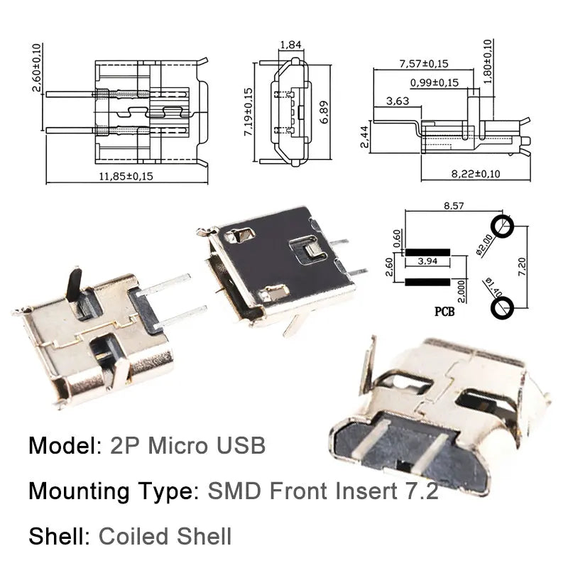 10PCS Micro USB Android Female Charging Socket, Flat Edge Crimped Type, 5Pin, 4 Mounting Pins, SMD & DIP Tail Connector