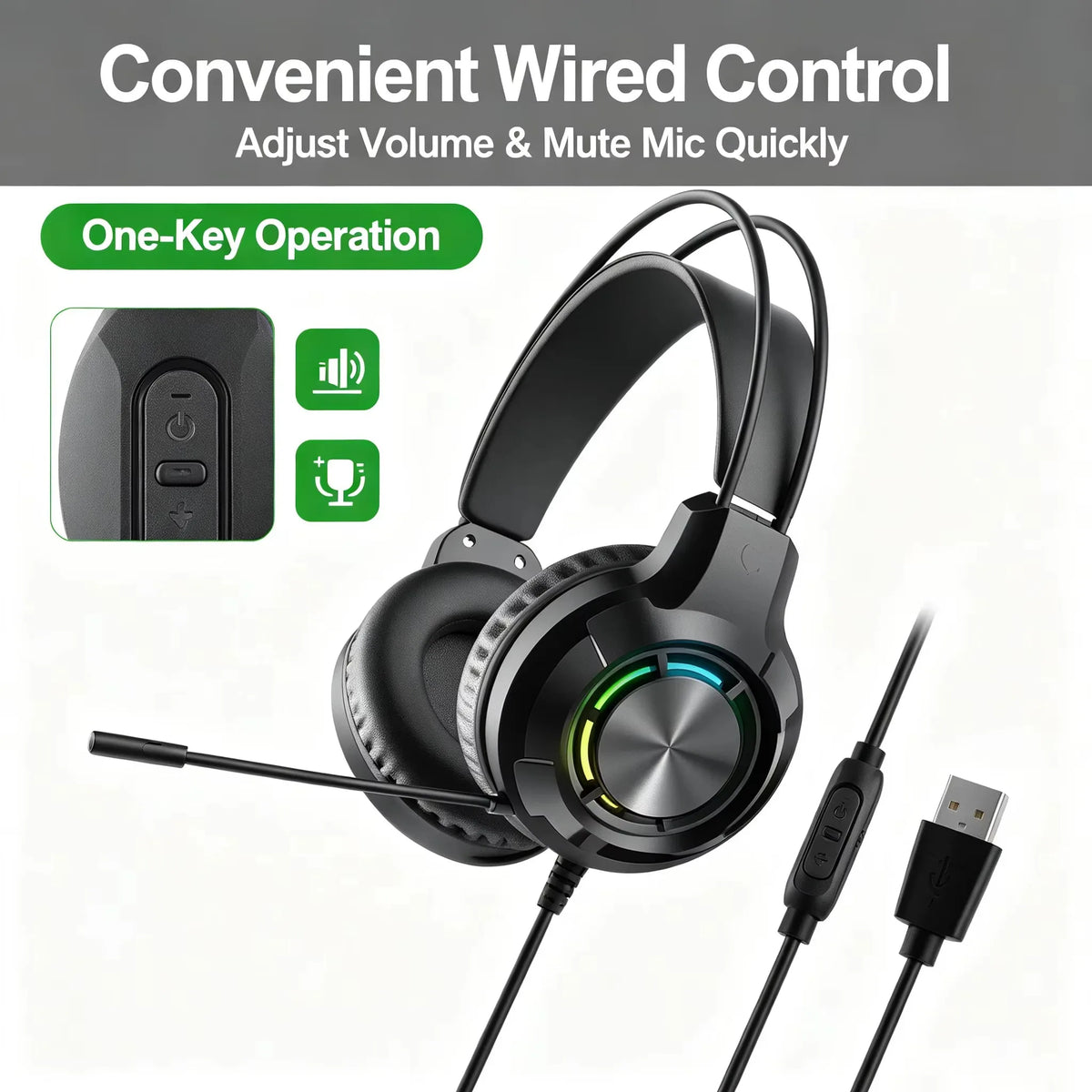 Over-Ear Gaming Headphone 7.1 Surround Sound ENC Noise Cancelling Mic RGB LED Wired Headset for PC PS4 PS5 Xbox Laptop Desktop
