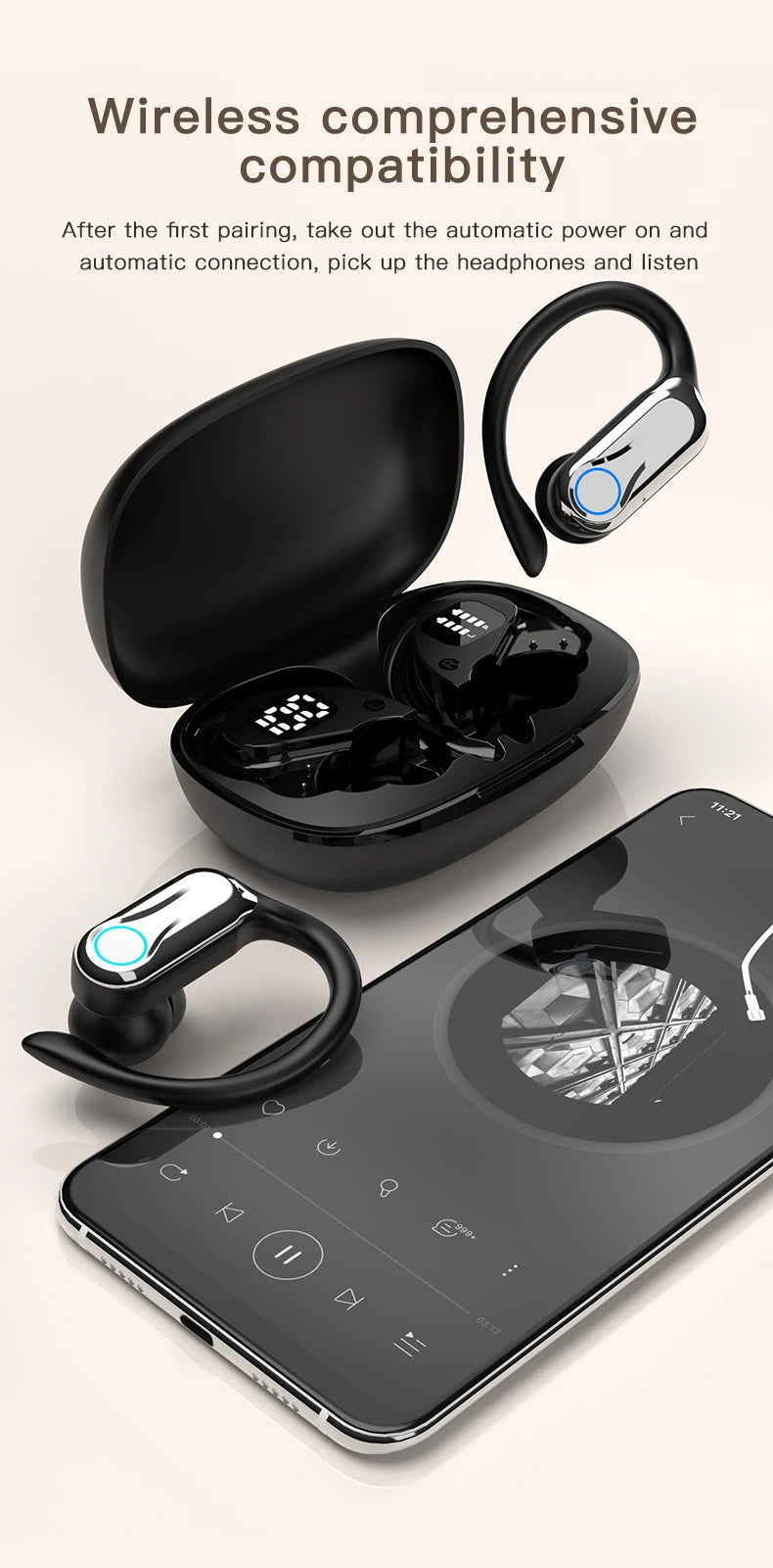 TWS Bluetooth Earphones With Microphones Sport Ear Hook LED Display Wireless Headphones HiFi Stereo Earbuds Waterproof Headsets