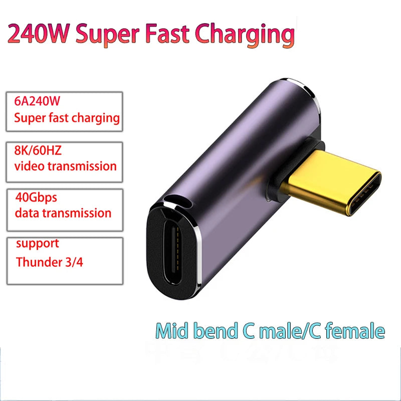 USB 4.0 PD 240W 8K 60Hz Charger Connector for Macbook 40Gbps High Speed USB C OTG U-Shape Straight Angle Male to Female Adapter