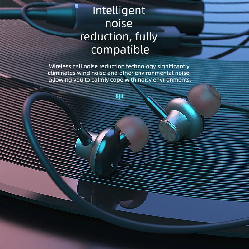 Neck-mounted TWS sports Bluetooth earphones with a metal casing, memory neckband, bendable and portable. Supports TF card playback for music. Dual battery design for ultra-long battery life. Supports simultaneous connection t