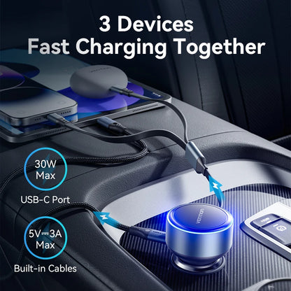 Vention 60W Retractable Car Charger 3 in 1 PD 30W QC 3.0 Fast Charging for iPhone 17 16 Samsung Tablet Cord Cigarette Adapter