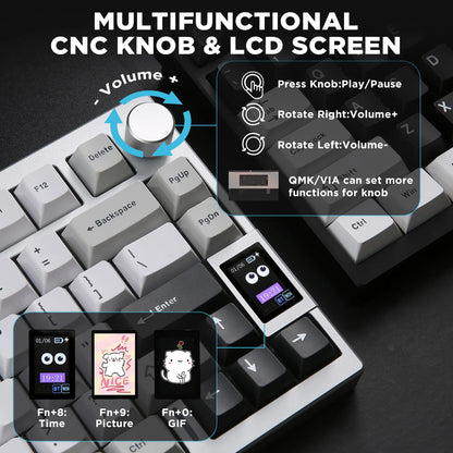 YUNZII AL80 Silver Wireless Mechanical Keyboard, Full Aluminum CNC Custom QMK/VIA Gaming Keyboard, LCD Display Hot Swap Keyboard