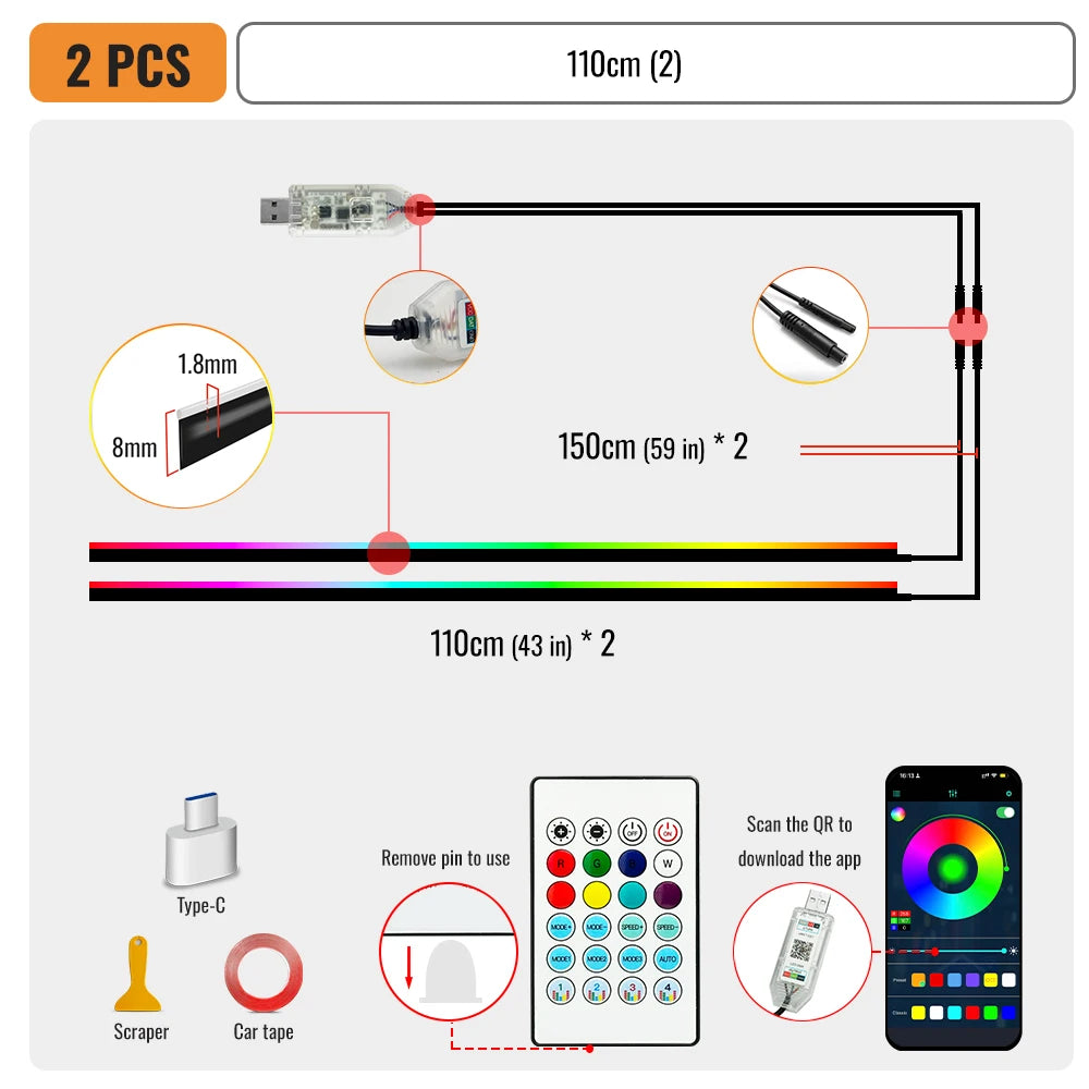 110cm  APP Control Car Ambient Lights LED Interior RGB Symphony Atmosphere Light  Acrylic Strips Dashboard Decoration Sunroof