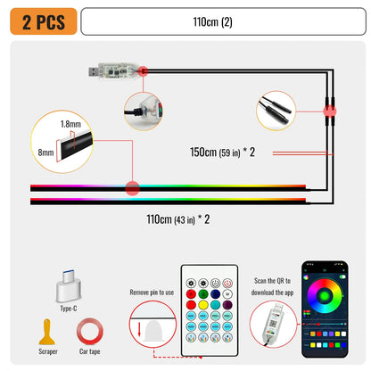 110cm  APP Control Car Ambient Lights LED Interior RGB Symphony Atmosphere Light  Acrylic Strips Dashboard Decoration Sunroof