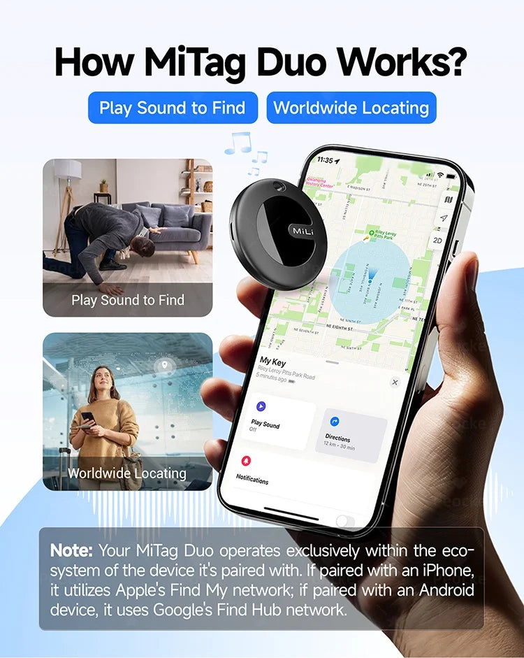 Dual System MiLi MiTag Smart Location Tag Bluetooth GPS Tracker Locator Keys Finder Works With Apple Find My & Google Find Hub
