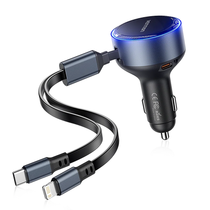 Vention 60W Retractable Car Charger 3 in 1 PD 30W QC 3.0 Fast Charging for iPhone 17 16 Samsung Tablet Cord Cigarette Adapter