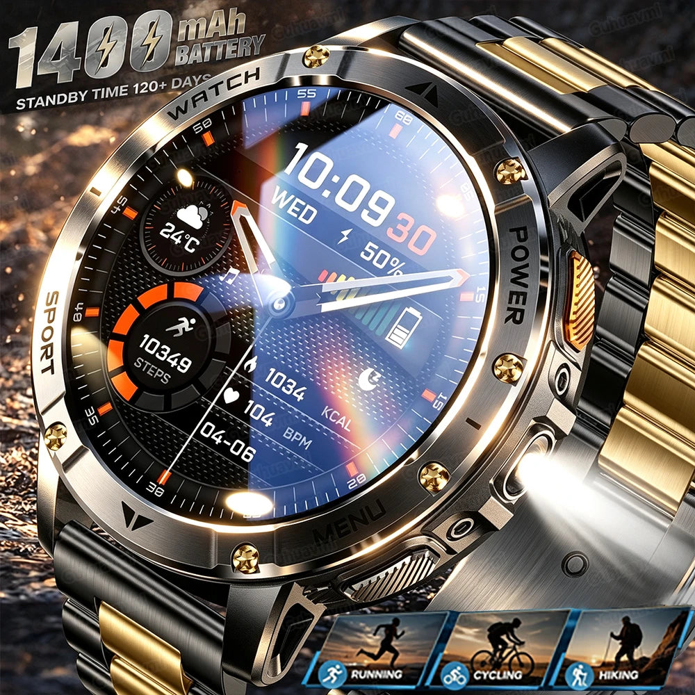 Ultra Large 1400mAh Battery Sport Smartwatch 1.7” Heart Rate Tactical Strong Flashlight 5ATM Waterproof Call Smart Watch For Men