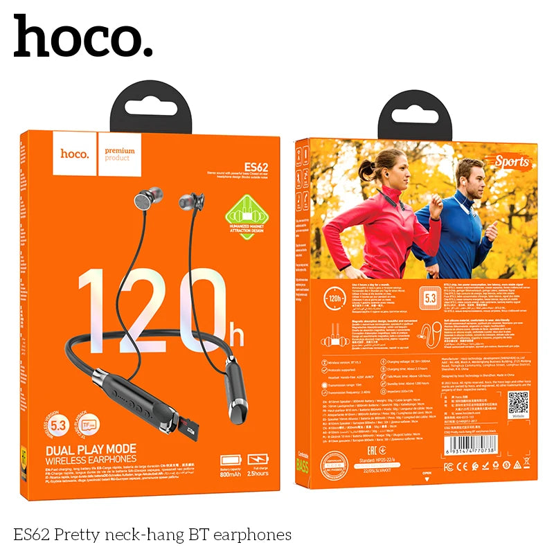 HOCO ES62 Neckband Earphones Bluetooth 5.3 Sport Headsets Support TF Card Playback 120 Hours Long Battery Life For Mobile Phone