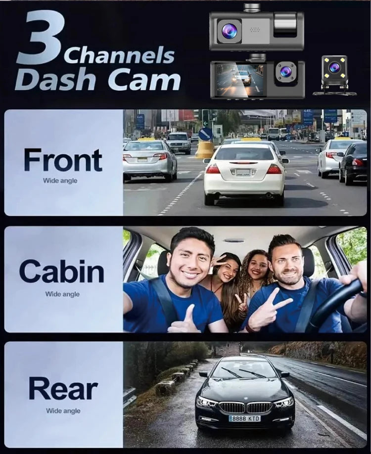 3 Channels Dash Camera For Cars HD 1080P Video Recorder 3 Lnes Front Inside Rear View Camera Night Vision Loop Recording Black B