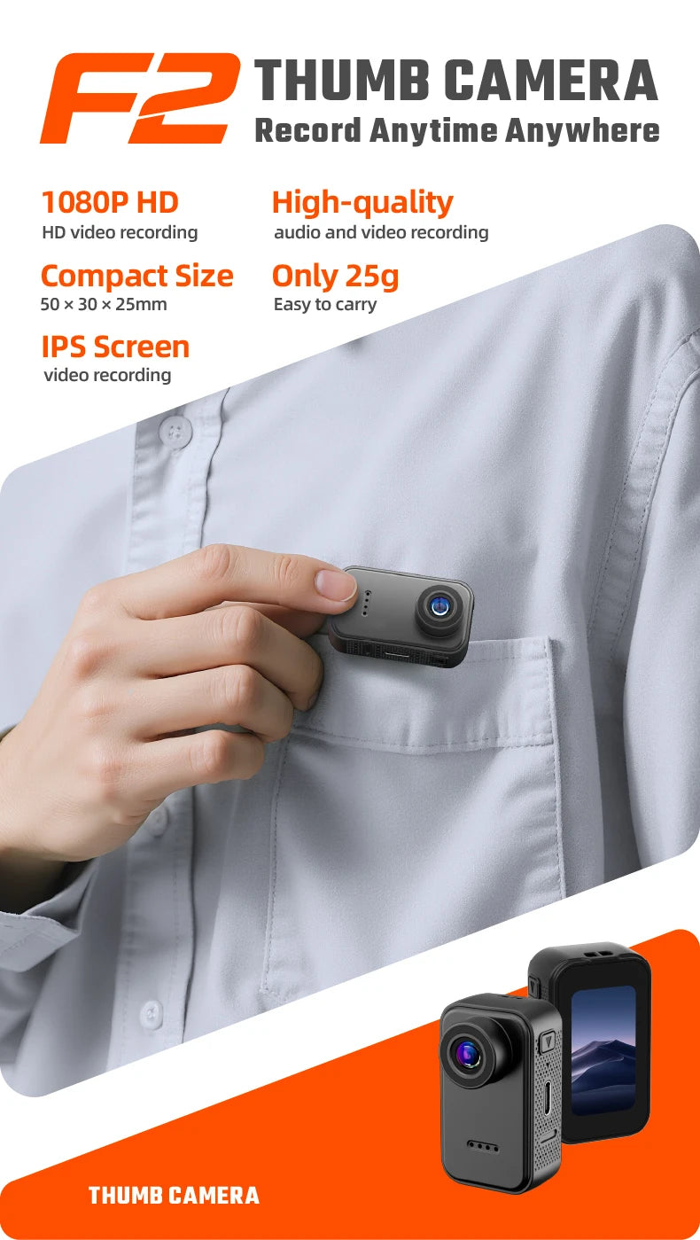 F2 Thumb Camera 1080P HD 130 Degree Wide Angle Mini Camera With IPS Screen 25g Portable Pocket Camera For Daily Recording Life