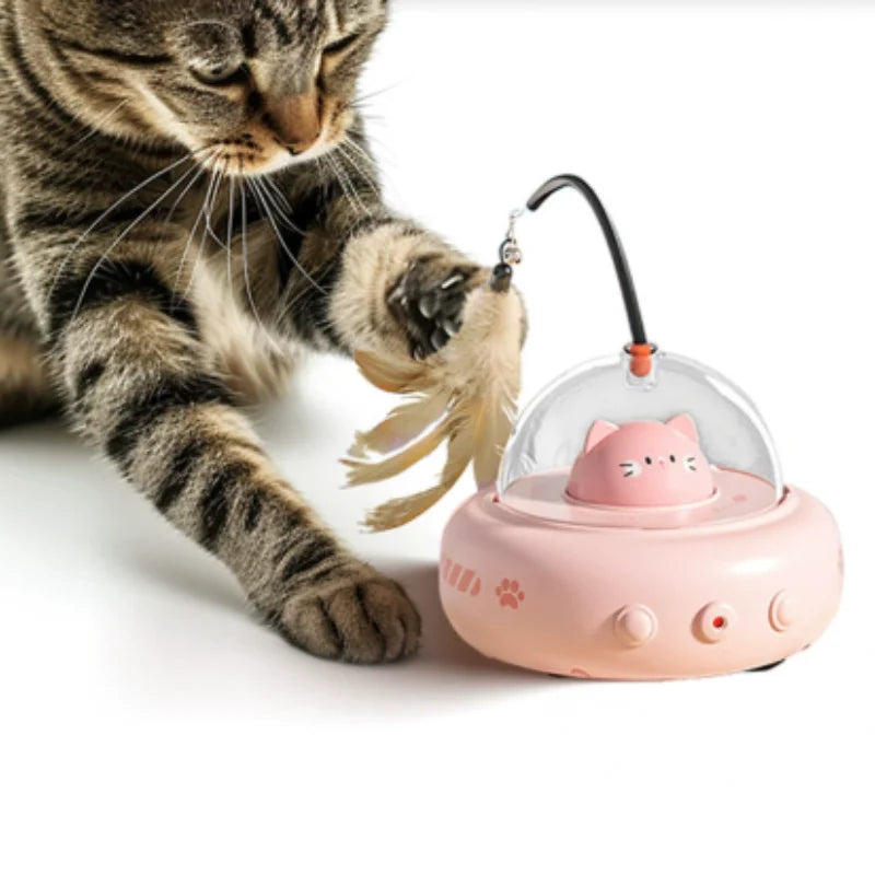 Electric UFO Smart Teaser Cat Toy with Bell Interactive Pet Teaser Stick Replaceable Feather Design for Training And Interactive